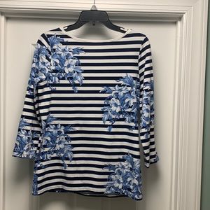 The Talbots Tee Sz M navy striped and floral 3/4 sleeve